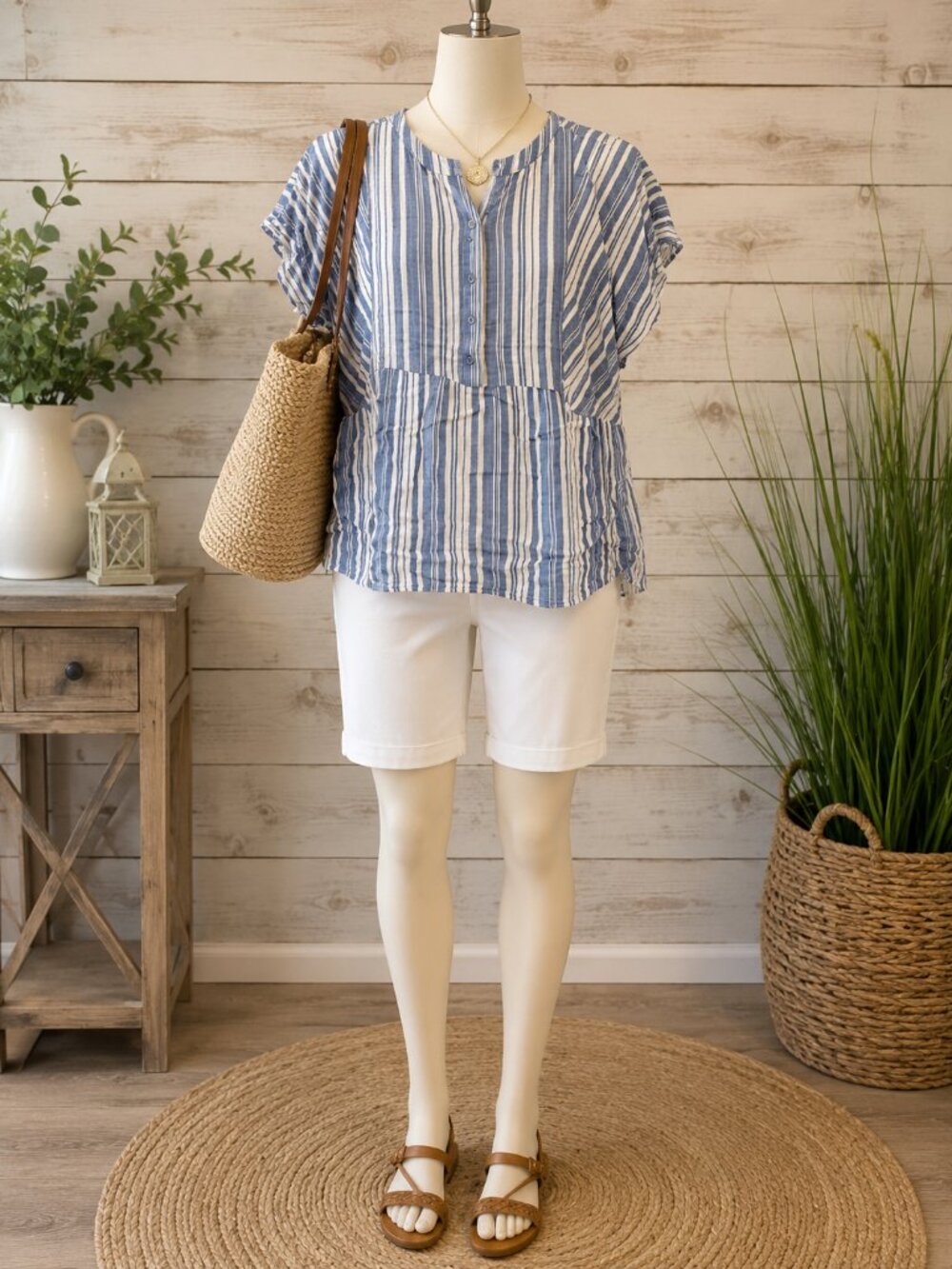 Lane Bryant Blue & White Striped Peplum Blouse – Size 16